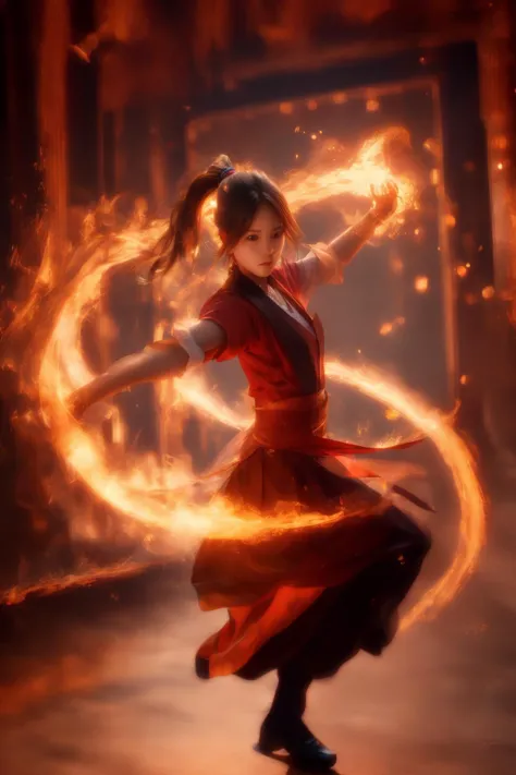 orang-aura,using orang-magic,orang-magic,ancient-costume,dancing,solo,1girl,fire,long hair,ponytail,<lora:magic_fighting_768:0.8...