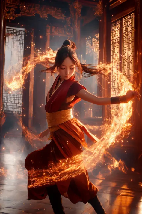 orang-aura,using orang-magic,orang-magic,ancient-costume,dancing,solo,1girl,fire,long hair,ponytail,<lora:magic_fighting_768:0.8...