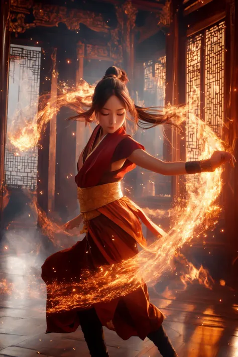 orang-aura,using orang-magic,orang-magic,ancient-costume,dancing,solo,1girl,fire,long hair,ponytail,