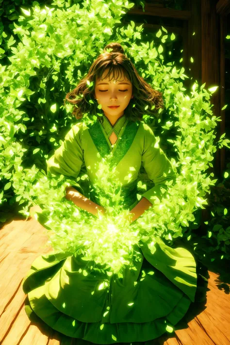 green-aura,green-magic,using green-leaf-magic,using green-healing-magic,green-healing-magic,green-healing-aura,green-leaf-magic,green-leaf-aura,1girl,solo,closed eyes,brown hair,indoors,glowing,facing viewer,<lora:magic_fighting_green_512_dreamshaper_8_2:0.8>,