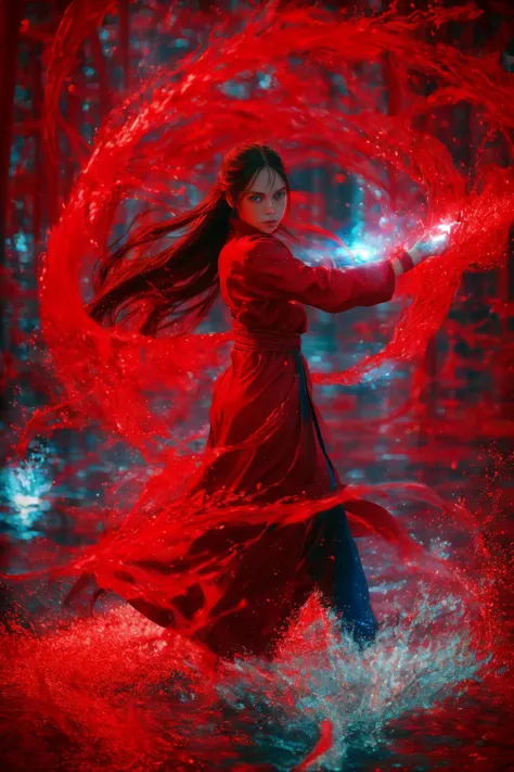 dancing,fighting stance,red-water-aura,using red-water-magic,red-water-magic,1girl,solo,long hair,blue eyes,common face,full bod...