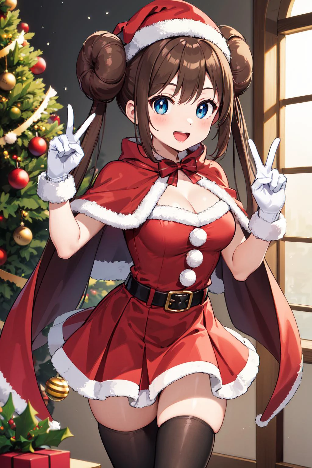 masterpiece, best quality, highres, ro1, hair bun, blue eyes, twintails, belt, black thighhighs, gloves, christmas, cleavage, red capelet, santa hat, dress, standing, peace sign, indoors, christmas, smile, open mouth