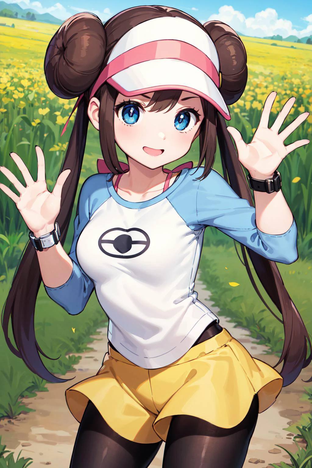 masterpiece, best quality, highres, ro1, hair bun, blue eyes, twintails, visor cap, pantyhose, raglan sleeves, yellow shorts, shirt, pink bow, wristwatch, medium breasts, standing, cowboy shot, field, smile, waving,