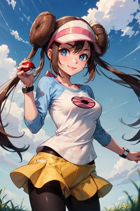 masterpiece,best quality,1girl,ro1,hair bun,blue eyes,twintails,visor cap,pantyhose,raglan sleeves,yellow shorts,shirt,pink bow,wristwatch,smile,grass,holding poke ball,