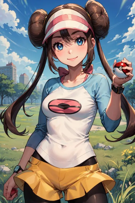 masterpiece,best quality,1girl,ro1,hair bun,blue eyes,twintails,visor cap,pantyhose,raglan sleeves,yellow shorts,shirt,pink bow,wristwatch,smile,grass,holding poke ball,