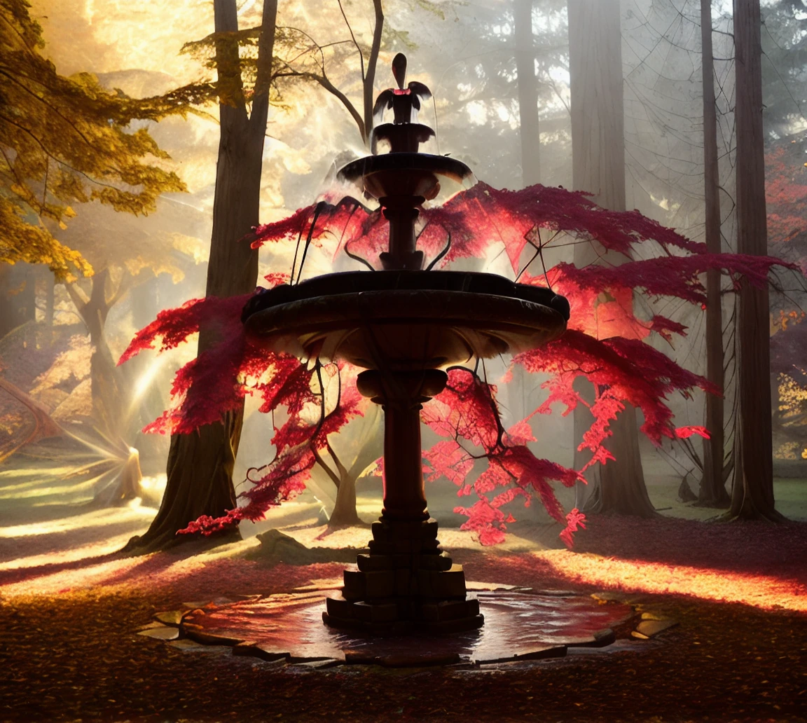 rogowoarboretum (mythical fountain:1.2) between the spectacular tree with red and yellow leaves, intricate detail, dense fog covered ground, (Tyndall effect:1.2), natural lighting, very sharp, professional nature photography 