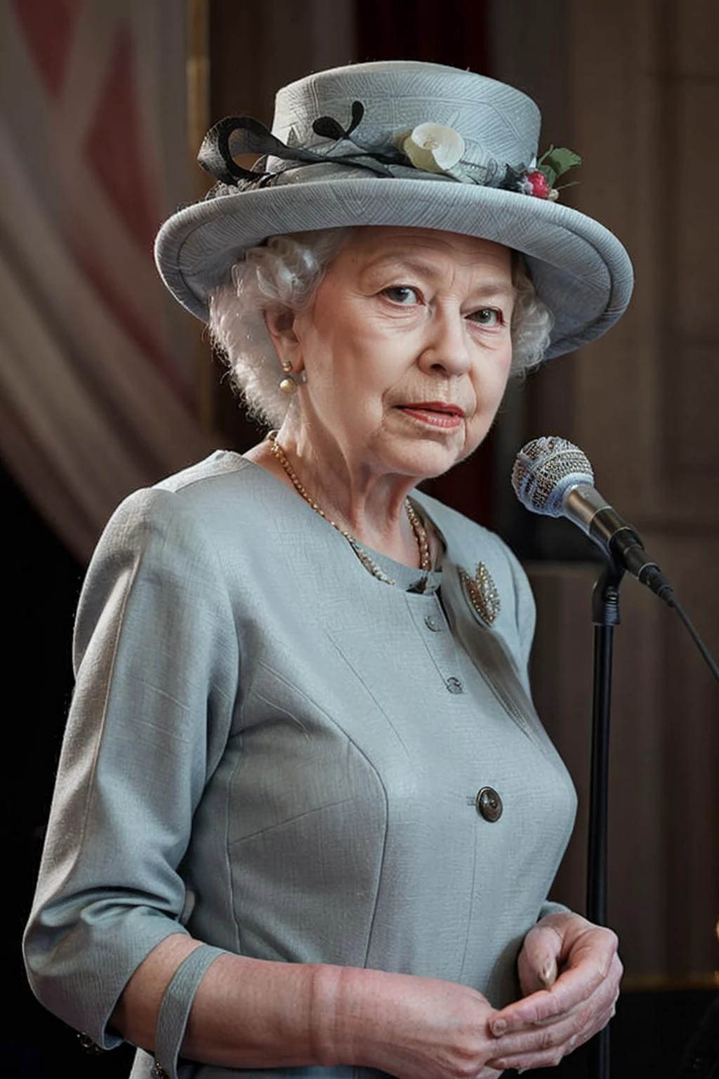 A close up of a woman in a hat and dress speaking into a microphone ...