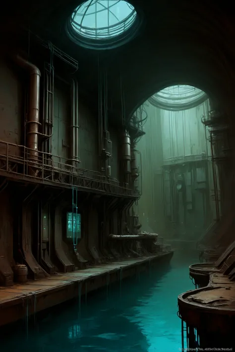 啎䥃佄䔀deep dark, digital painting, epic fantasy, rogue's hideout,water treatment facility \(room\) <lora:envystarlightdeepdark01:1...