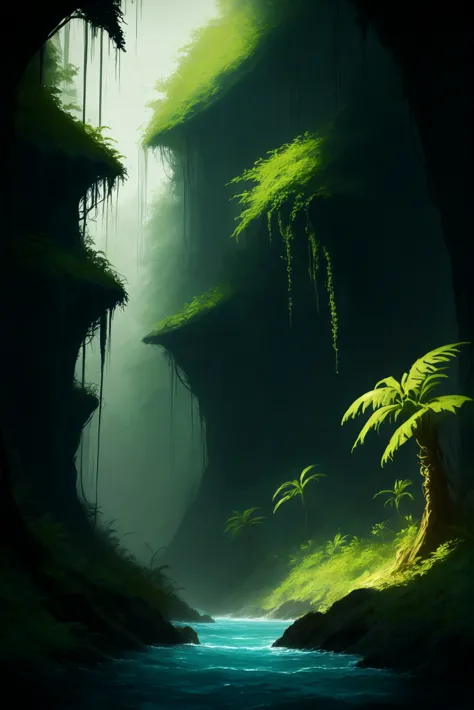 啎䥃佄䔀deep dark, digital painting, epic fantasy, Tropical Rainforest<lora:EnvyStarlightDeepDark01:1.0>