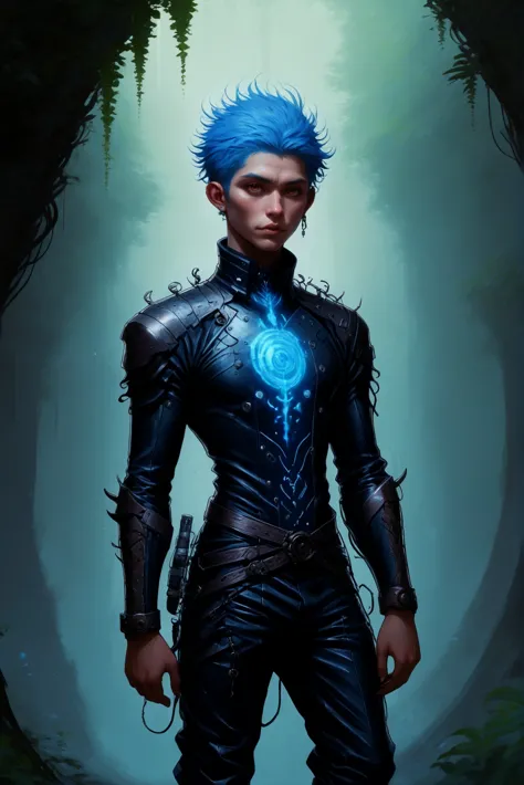 啎䥃佄䔀deep dark, digital painting, far future scifi, Changeling's Mimicry Jungle, (full body:1.2), 1boy, man, bishounen, solo, [:fantastical costume design,:0.2] mystic, japanese, glowing aliceblue hair, (slim:1) build<lora:EnvyStarlightDeepDark01:1.0>