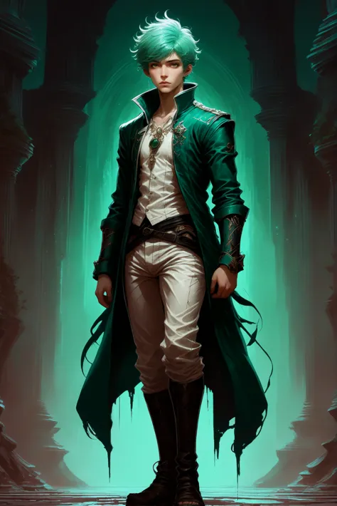 啎䥃佄䔀deep dark, digital painting, epic fantasy, infinite fantasy arcology beyond the end of the multiverse, (full body:1.2), 1boy, man, bishounen, solo, [:formal costume design,:0.2] wizard, caucasian, iridescent darkgreen hair, (solid:1.3) build<lora:EnvyStarlightDeepDark01:1.0>