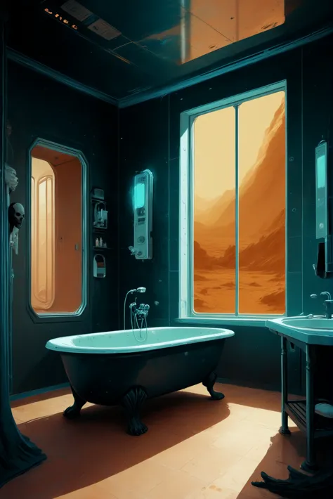 啎䥃佄䔀deep dark, digital painting, far future scifi, Spooky Bathroom with Claw-Foot Tub \(room\),Solar Flare Desert<lora:EnvyStarlightDeepDark01:1.0>