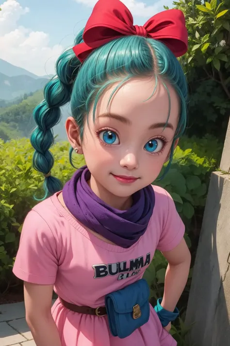 bulma, 1 garota, Sozinho, olhos azuis, cabelo azul, Cabelo Aqua, trança única, rabo de cavalo trançado, fita de cabelo, laço vermelho, arco de cabelo, Brincos, 
vestido curto, vestido rosa, vestido listrado vertical, manga curta, cinto, escrita de roupas, luvas marrons, luva única, lenço roxo, 
sorriso,boca fechada,tiro de vaqueiro,
floresta,ar livre,
(Insanamente detalhado, Lindo rosto detalhado, obra de arte, melhor qualidade) iluminação cinematográfica,