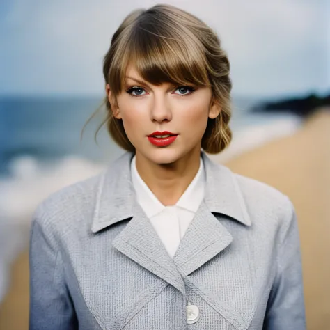 a close up of a woman with a red lipstick on a beach