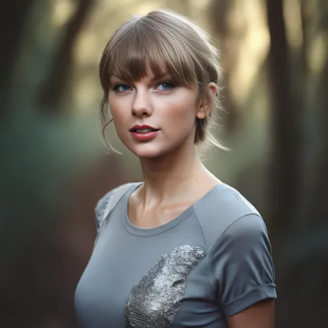 a close up of a woman with a gray shirt and a forest background