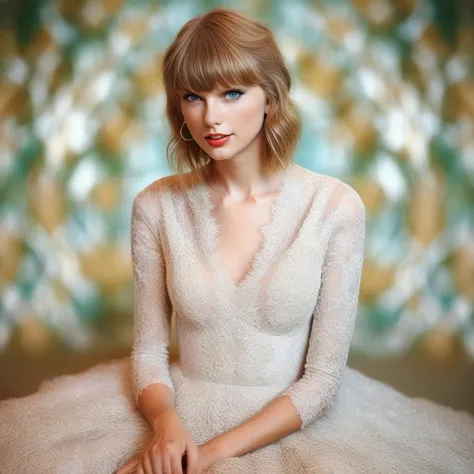 TaylorSwift, photograph, intricate details, Amiga 500 Style Woman, Windcaller, wearing God dress, Sitting with crossed legs, Gin...