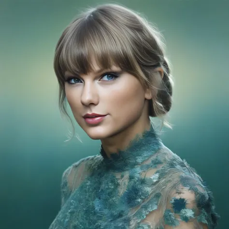 a close up of a woman with a blue dress and a green background