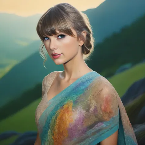 taylor swift is posing for a photo in a colorful dress