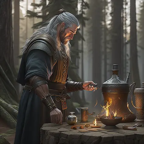 witcher before battle: making potions and elixirs in the forest