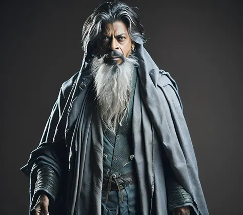 Ganzkörperaufnahme, Shah Rukh Khan als reale Version von (Gandalf \(Der Herr der Ringe\):1.2), von Senayt Samuel und Lionel Wendt ultrarealistisches, hochdetailliertes, kompliziertes fotorealistisches Foto im DSLR-Stil