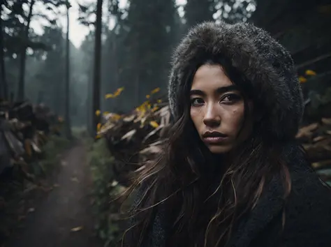 a photo, portrait an village 15 years old women, night, dark fairy beautiful bushy autumn forest, dark background,  16k,  low an...