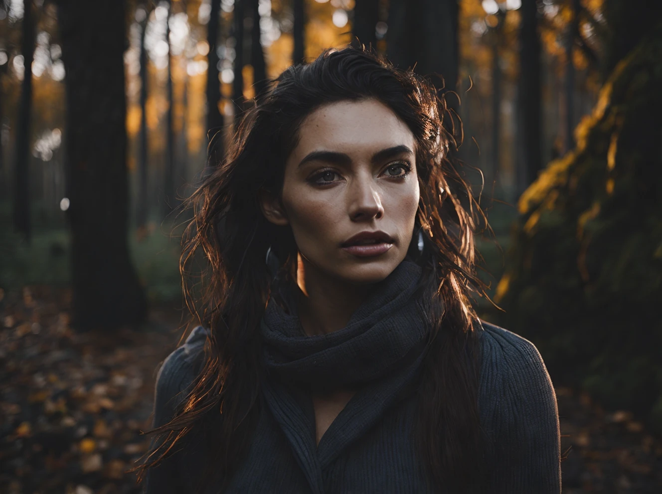 (foto cinematográfica:1.3) de (Realista:1.3) Retrato De Un Pueblo 25 Años Mujeres Europeas, noche, hada oscura hermoso bosque tupido de otoño, fondo oscuro, 16k, ángulo bajo, lente de 24 mm, (((enfoque nítido:1.5))), (((depth de sharpness:1.5))), (Fotorrealista:1.5), (textura de la piel:1), cinematográfico, hiperdetallado,muy detallado