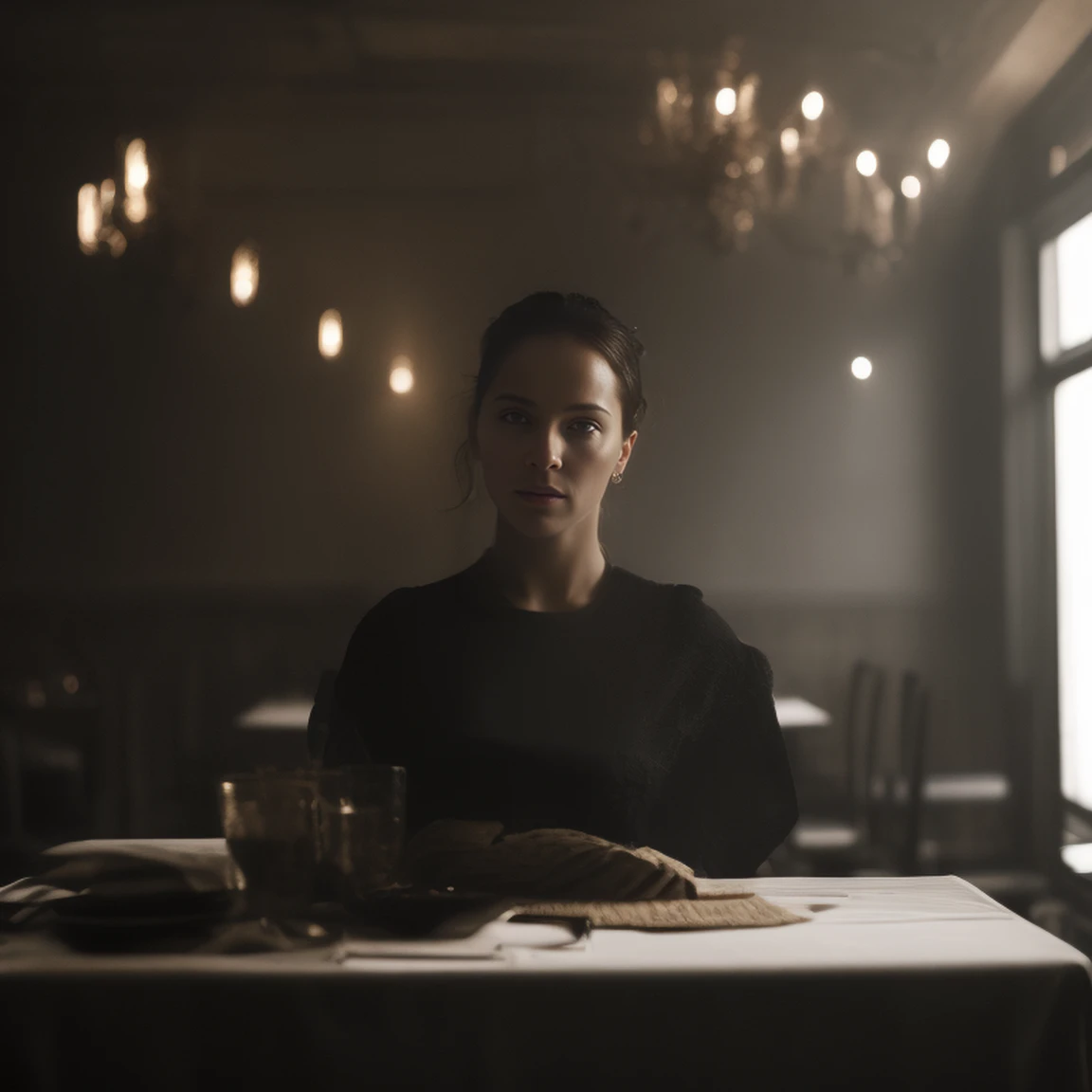 foto de uma assassina confiante chamada Emily, usando um vestidinho preto, dentro de um restaurante francês, talheres, toalha de mesa, retroiluminado, 8k hd, dslr, iluminação suave, alta qualidade, iluminação volumétrica, (CinemaHelper:1.2), centrado