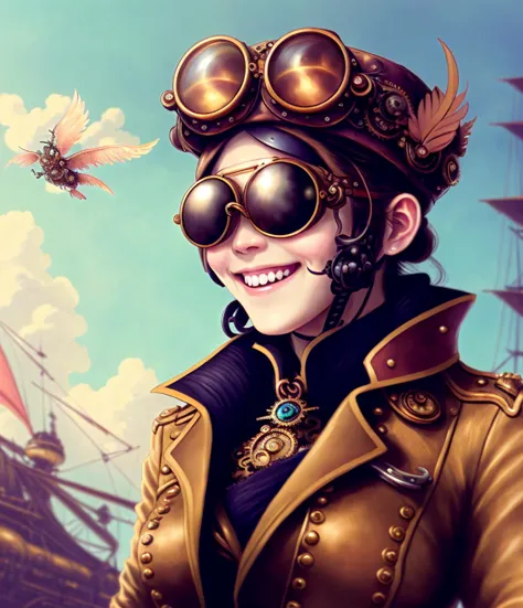 A daring female steampunk airship pilot by Khang Le. Vibrant goggles rest upon their brow, a leather cap adorned with gears and feathers. Their confident smile and weathered hands grip a control panel, guiding their vessel through perilous skies