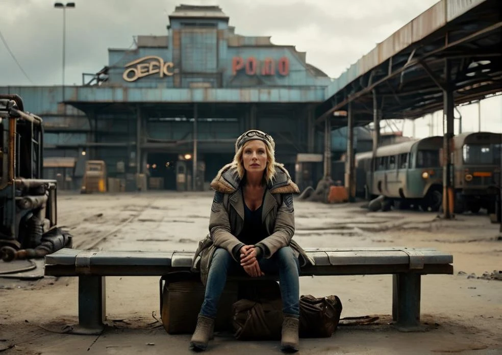 toni collette  sitting in a postapocalyptic bus station, cinematic film still, a city, a dystopian future, year 3000, sci fi, amazing details, dark atmosphere, shallow depth of field, vignette, highly detailed, high budget, bokeh, cinemascope, moody, epic, gorgeous, film.  