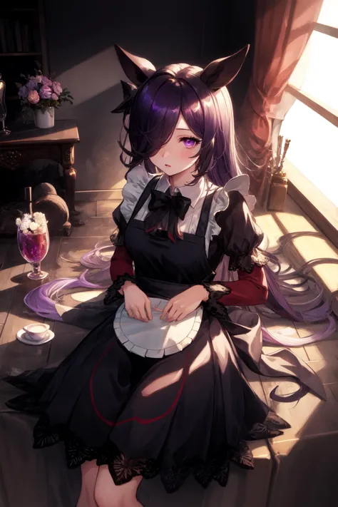 1girl, r1ce sh0wer,  purple eyes, hair over one eye, maid, <lora:Rice Shower_40794:0.8>, <lora:GBF_Splash:1>, splash art