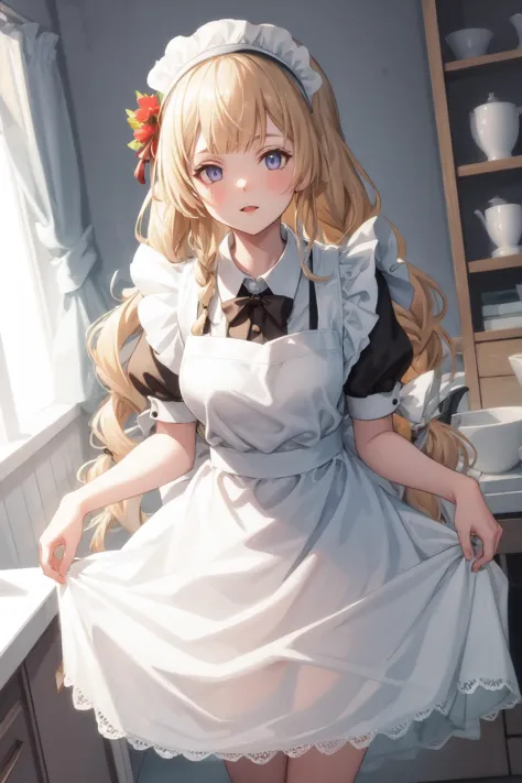 anime girl in a maid outfit posing in a kitchen