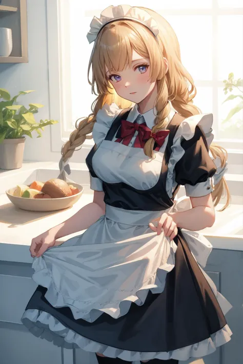 anime girl in maid outfit posing in kitchen with plate of food