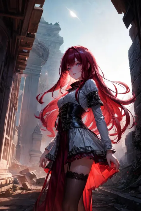 1girl, mature, long scarlet hair, night, ruins, night sky, moon,((random camera shoot1.4)),(random body pose:1.4),<lora:add_deta...