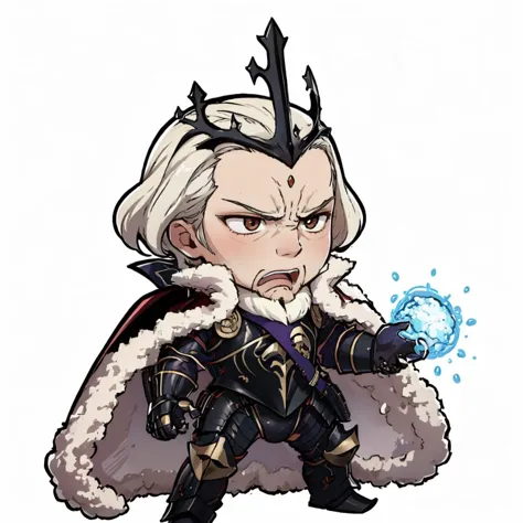 masterpiece, best quality,  <lora:GaronFE-bsinky-v1:0.8> garonFE, facial hair, armor, fur trim, cape, crown, gauntlets <lora:DarkCabalChibiStyle:1> (chibi:1.3), white background, simple background, furrowed brow, yelling, standing