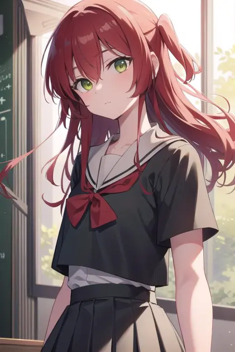 kitaikuyo, ikuyo kita, (green eyes:1.5), hair between eyes, long hair, one side up, red hair,
BREAK black footwear, black skirt, grey sailor collar, pleated skirt, sailor collar, school uniform, shoes, short sleeves, shuka high , skirt,,
BREAK looking at viewer,
BREAK indoors, classroom,
BREAK (masterpiece:1.2), best quality, high resolution, unity 8k wallpaper, (illustration:0.8), (beautiful detailed eyes:1.6), extremely detailed face, perfect lighting, extremely detailed CG, (perfect hands, perfect anatomy),