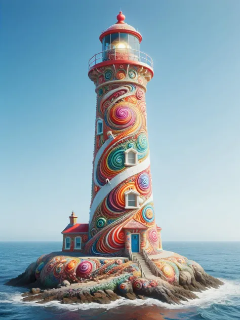 a close up of a lighthouse with a lot of colorful decorations on it