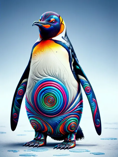 a close up of a penguin with a colorful design on its body