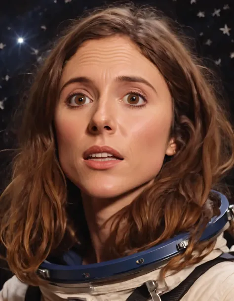 In an astonishingly realistic scene, Ellen Burbidge, the enigmatic explorer with her distinctive brown hair and warm brown eyes, boldly ventured into outer space, floating gracefully among the stars as she discovered new worlds with her unique perspective. <lora:izurij18e59bd0c3as6d:1>