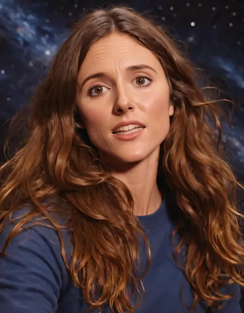 a woman with long hair and a blue shirt is looking at the camera