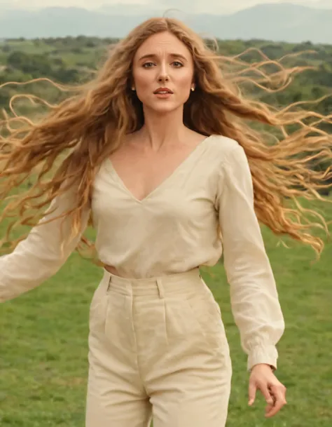 arafed woman with long hair walking in a field