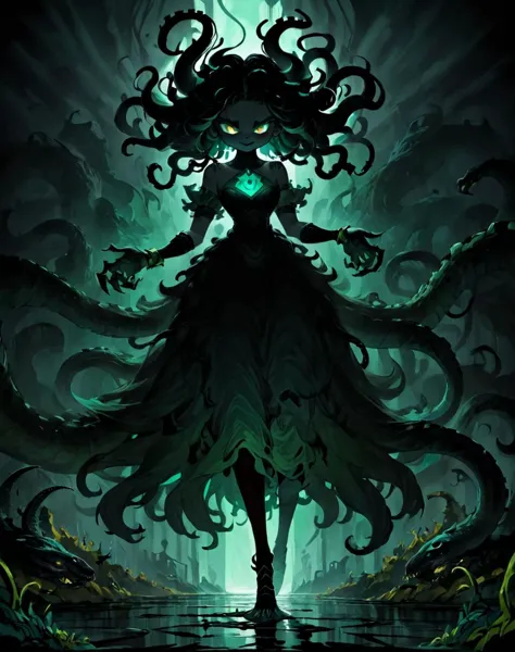 fantasy art <lora:Shadow_Style_XL:0.8> shadow, 8K, HD, gloomy colors, dark aura, horror, cartoon style, flat, normal gorgon