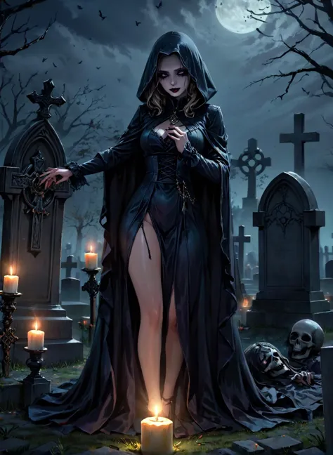 sexy necromancer, rising the death, at a cementery, dark ritual, dark magic, (masterpiece), best quality, highres, 4k, 8k, amazi...