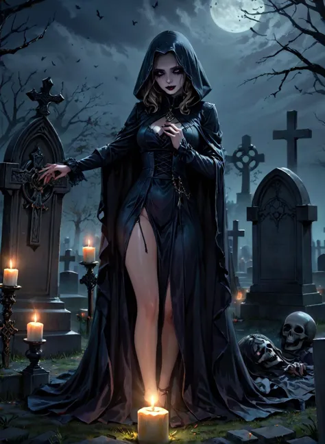 sexy necromancer, rising the death, at a cementery, dark ritual, dark magic, (masterpiece), best quality, highres, 4k, 8k, amazing quality, amazing shading, soft lighting, gloomy colors, dark aura, horror