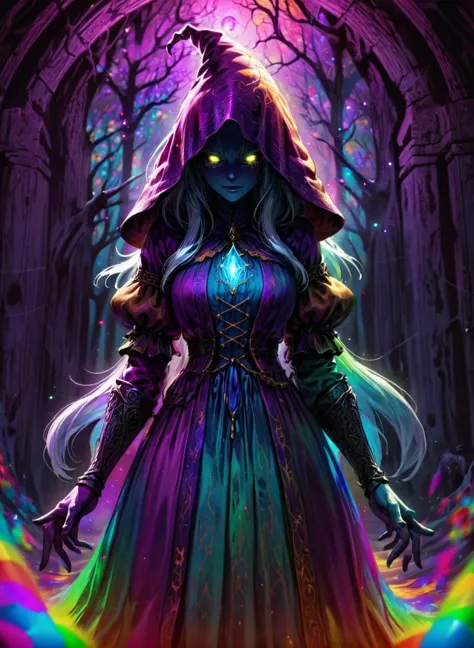 female, fantasy setting background, wizard, HD, chromatic aberration, colorful, bright colors,, gloomy colors, dark aura, horror