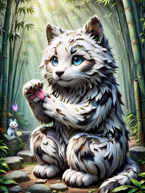 otherworldly, Enchanting, gentle will-o'-the-wisps, with fluffy manes and playful paws, with a bamboo forest in the background  ...