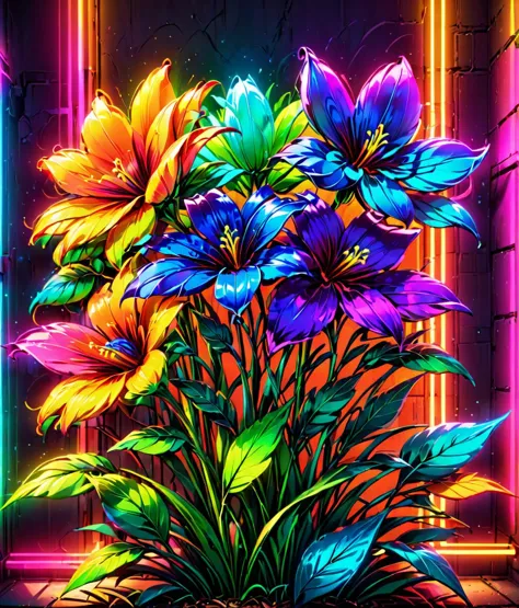 <lora:Neon_Style_XL:1> neon_style,  flower, (masterpiece), best quality, highres, 4k, 8k, amazing quality, amazing shading, soft...