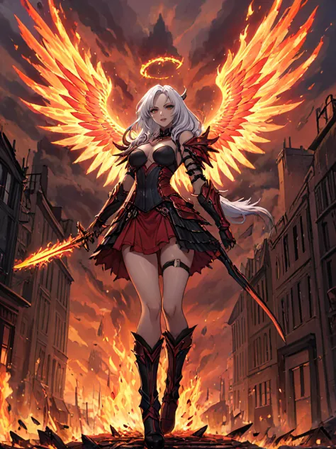 a demonic angel with a sword and wings in a dark city with flames and smokes behind her, on a cloudy day, Anne Stokes, magic the...