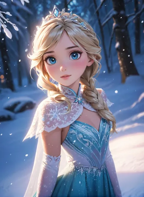 princesa elsa de frozen, copos de nieve, cuerpo completo, (obra maestra), mejor calidad, alta resolución, 4k, 8K, Detalle intrincado, iluminación cinematográfica, calidad increíble, sombreado increíble, iluminación suave, Piel ultra detallada, cara ultra detallada, ojos perfectos, pequeñas imperfecciones de la piel, 35mm, estilo analógico, Una foto realista, grano de la película, (Fotorrealista:0.6), Imagen tomada con una Canon EOS R5