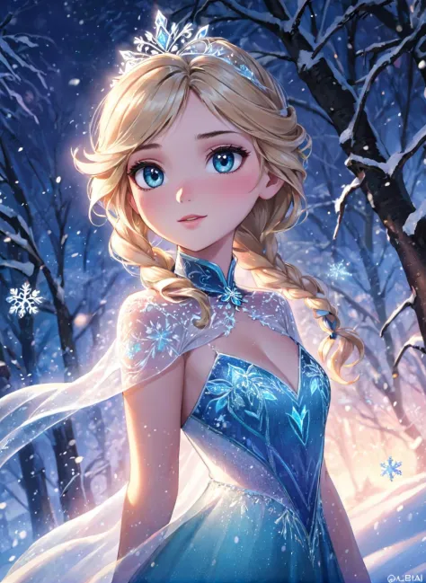 princess elsa from frozen, snowflakes, full body, (masterpiece), best quality, highres, 4k, 8k, intricate detail, cinematic ligh...