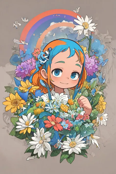 a cartoon girl with blue hair and a rainbow in the background